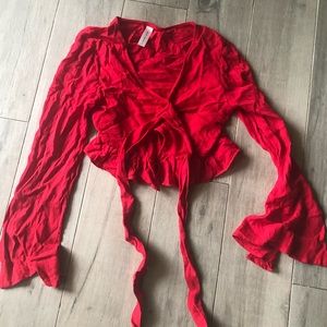 Fun, red linen crop top! Wrap front -Ruffle detail